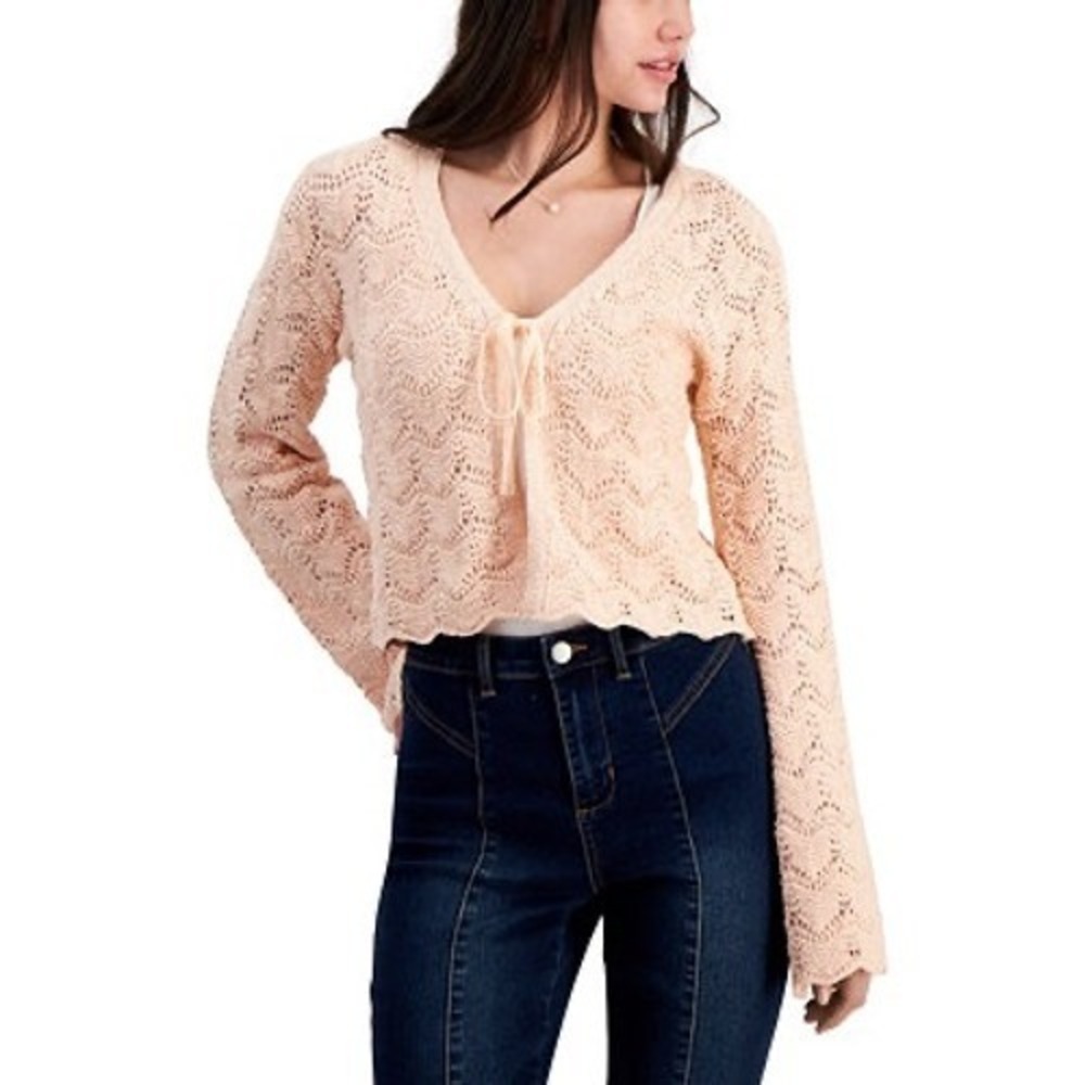 Sugar Moon Open Knit Crochet Cardigan Sweater‎ Womens XS Peach New Tie Front